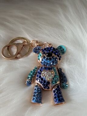 Rhinestone Teddy Bear Keychain - Blue & Teal